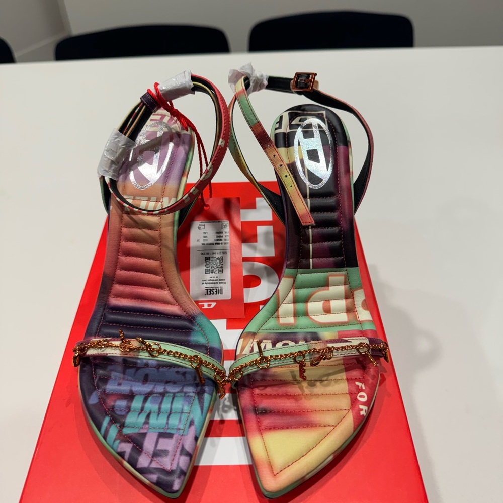 Diesel Multicolor Graphic Chain-Strap Heeled Sandals